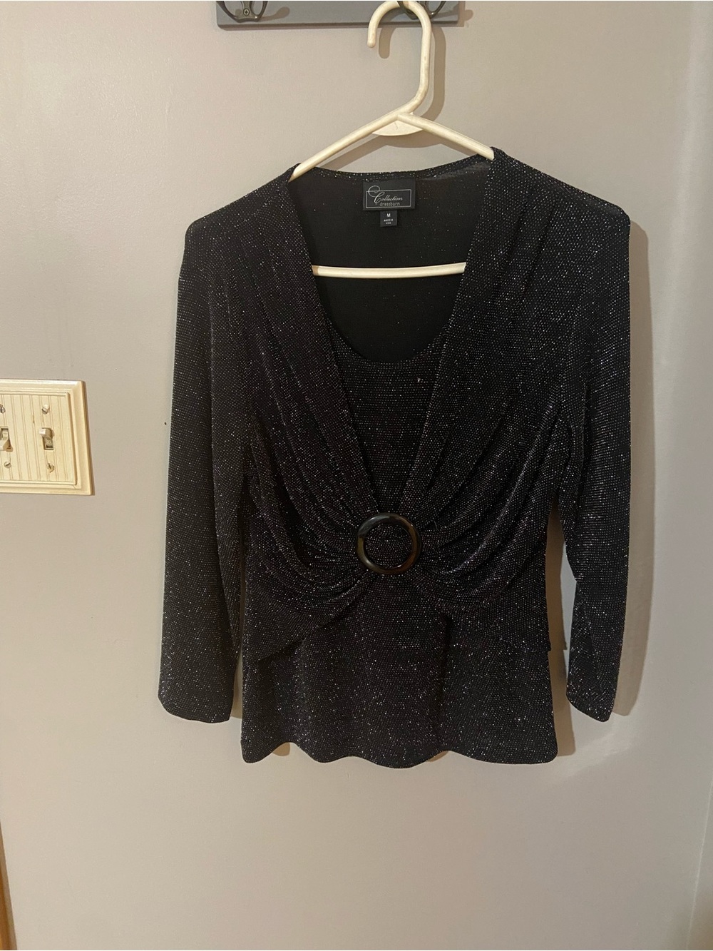 dressbarn Black Sparkle Ring-Front Long Sleeve Top